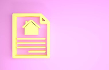Sarı Ev kontrat ikonu pembe arka planda izole edilmiş. Sözleşme oluşturma hizmeti, belge oluşumu, başvuru formu bileşimi. Minimalizm kavramı. 3d illüstrasyon 3B canlandırma