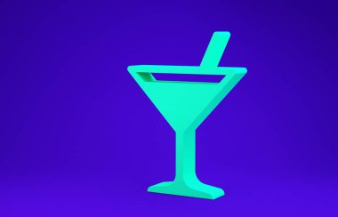Mavi arkaplanda yeşil martini cam ikonu var. Kokteyl ikonu. Şarap kadehi ikonu. Minimalizm kavramı. 3d illüstrasyon 3B canlandırma