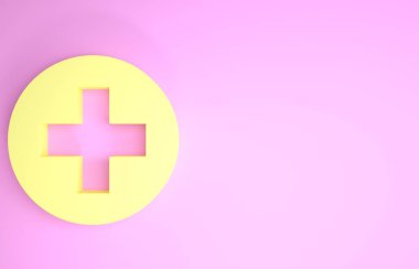 Sarı tıbbi haç pembe arka planda izole edilmiş daire simgesi. İlk yardım sembolü. Minimalizm kavramı. 3d illüstrasyon 3d canlandırma
