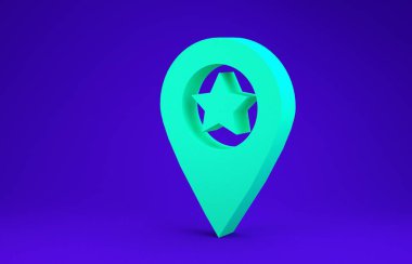 Mavi arkaplanda yıldız simgesi olan yeşil harita işaretçisi. Yıldız favori iğne haritası simgesi. Harita işaretleyicileri. Minimalizm kavramı. 3d illüstrasyon 3d canlandırma