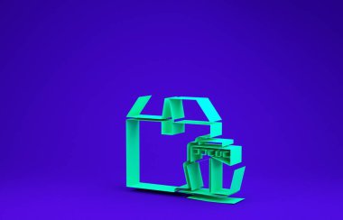 Mavi arka planda kutucuk servis ikonu olan yeşil kargo gemisi. Teslimat, ulaşım. Paketleri, kutuları, malları olan bir şilep. Minimalizm kavramı. 3d illüstrasyon 3d canlandırma