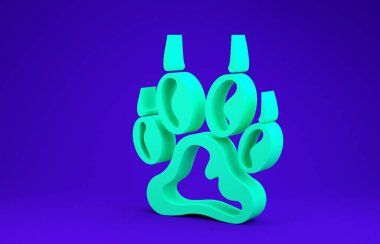 Mavi arkaplanda yeşil patili iz simgesi izole edildi. Köpek ya da kedi pençesi izi. Hayvan izleri. Minimalizm kavramı. 3d illüstrasyon 3B canlandırma