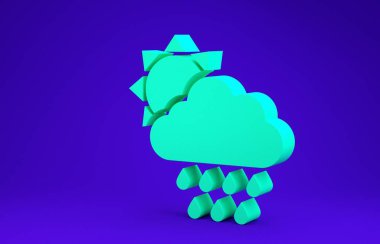 Mavi zemin üzerinde yağmur ve güneş ikonu olan Yeşil Bulut. Yağmur damlaları ile yağmur bulutu yağışı. Minimalizm kavramı. 3d illüstrasyon 3B canlandırma