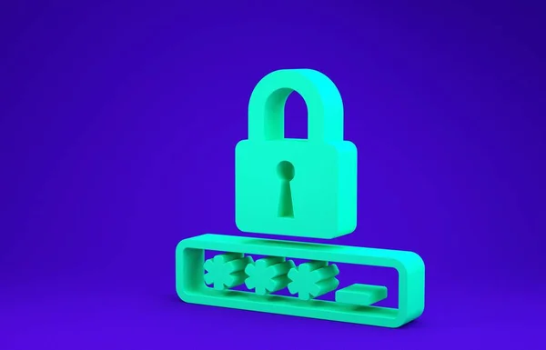 Green Password protection and safety access icon isolated on blue background. Uzamknout ikonu. Zabezpečení, bezpečnost, ochrana, ochrana soukromí. Minimalismus. 3D ilustrace 3D vykreslení — Stock fotografie