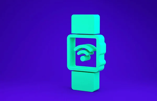 Πράσινο Smartwatch με το ασύρματο εικονίδιο σύμβολο απομονώνονται σε μπλε φόντο. Μινιμαλιστική έννοια. 3D απεικόνιση 3d καθιστούν — Φωτογραφία Αρχείου