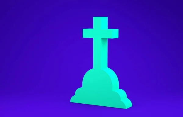 Mavi arka planda çapraz simgesi olan yeşil Tombstone. Mezar ikonu. Minimalizm kavramı. 3d illüstrasyon 3B canlandırma — Stok fotoğraf