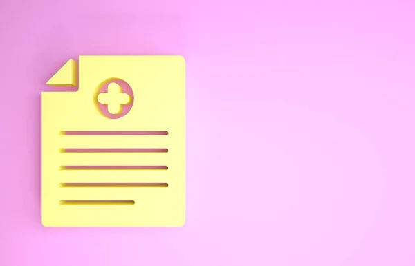 Presse-papiers médical jaune avec icône de dossier clinique isolée sur fond rose. Formulaire d'assurance maladie. Prescription, rapport de contrôle médical. Concept de minimalisme. Illustration 3D rendu 3D — Photo