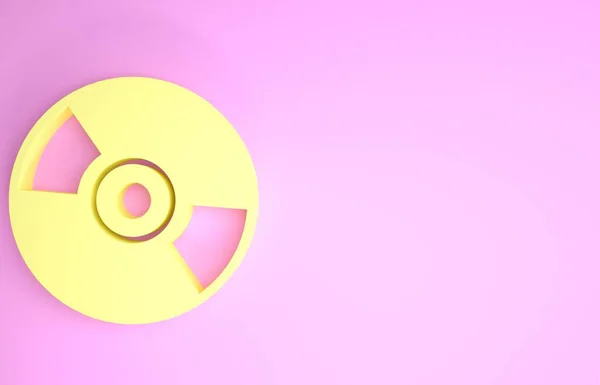 Icône disque CD ou DVD jaune isolée sur fond rose. Signe de disque compact. Concept de minimalisme. Illustration 3D rendu 3D — Photo