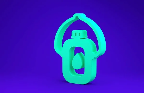 Icona della bottiglia d'acqua della mensa verde isolata su sfondo blu. Icona del pallone turistico. Vaso di uso dell'acqua nella campagna. Concetto minimalista. Illustrazione 3d rendering 3D — Foto Stock