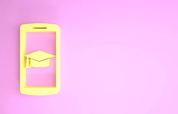 Tapa de graduación amarilla en la pantalla icono del teléfono inteligente aislado sobre fondo rosa. Concepto de aprendizaje en línea o aprendizaje electrónico. Concepto minimalista. 3D ilustración 3D render — Foto de Stock