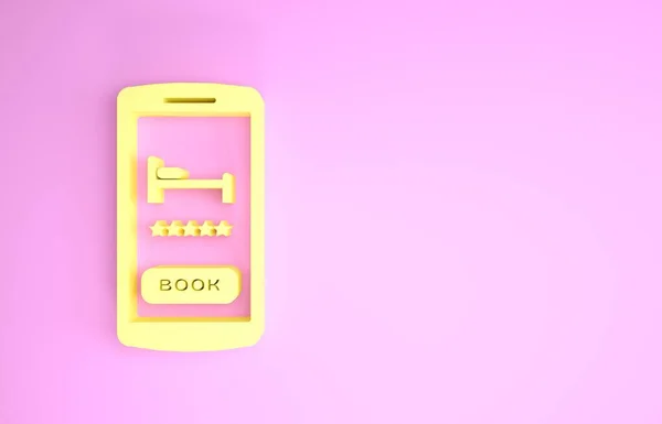 Yellow Online hotel booking icon isolated on pink background. Online booking design concept for mobile phone. Minimalism concept. 3d illustration 3D render