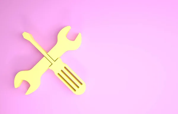 Жовта перехрещена викрутка та значок інструментів ключа ізольовані на рожевому фоні. Символ інструменту обслуговування. Концепція мінімалізму. 3D ілюстрація 3D рендеринга — стокове фото