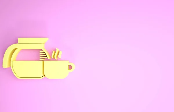 Żółty dzbanek kawy z ikoną filiżanki izolowane na różowym tle. Koncepcja minimalizmu. Ilustracja 3d — Zdjęcie stockowe
