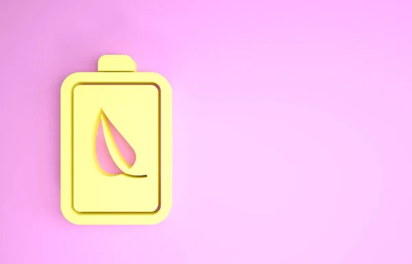 Giallo Eco foglia naturale e icona della batteria isolato su sfondo rosa. Energia basata sul concetto di risparmio ecologico. Concetto minimalista. Illustrazione 3d rendering 3D — Foto Stock