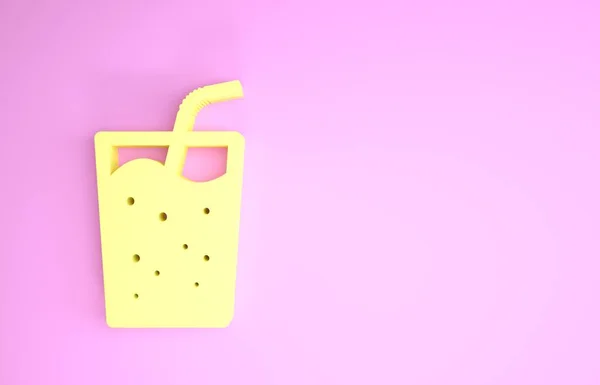 Gelbes Glas mit Wassersymbol auf rosa Hintergrund. Soda-Trinkglas mit Trinkhalm. frisches Kaltgetränk Symbol. Minimalismus-Konzept. 3D Illustration 3D Renderer — Stockfoto