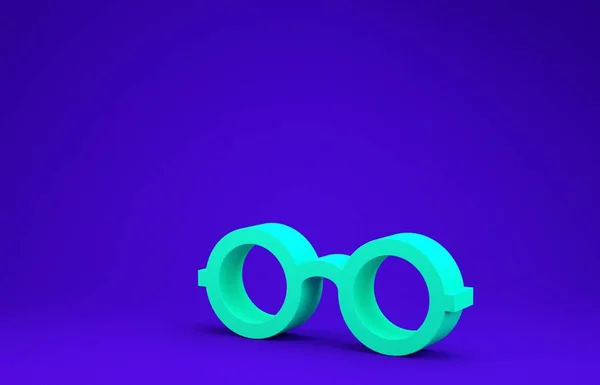 Icono de gafas verdes aislado sobre fondo azul. Símbolo de marco de gafas. Concepto minimalista. 3D ilustración 3D render — Foto de Stock