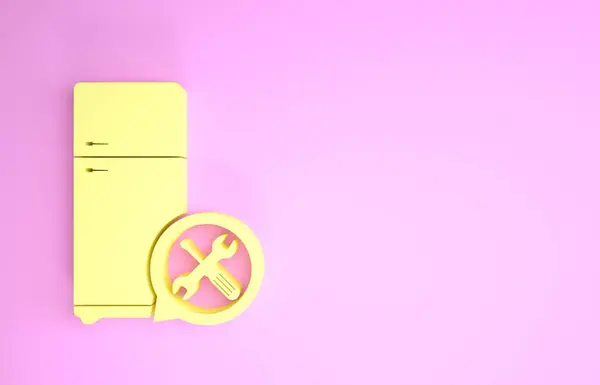 Żółta lodówka ze śrubokrętem i ikoną klucza na różowym tle. Regulacja, serwis, ustawienie, konserwacja, naprawa, naprawa. Koncepcja minimalizmu. Ilustracja 3d — Zdjęcie stockowe