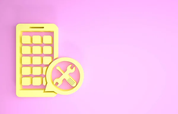 Aplicativos móveis amarelos com chave de fenda e ícone de chave de fenda isolado no fundo rosa. Ajuste, serviço, configuração, manutenção, reparação, fixação. Conceito de minimalismo. 3D ilustração 3D render — Fotografia de Stock