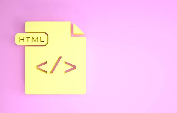 黄色Html文件。 下载在粉色背景上孤立的html按钮图标。 Html文件符号。 标记语言符号。 最低纲领的概念。 3d说明3d — 图库照片