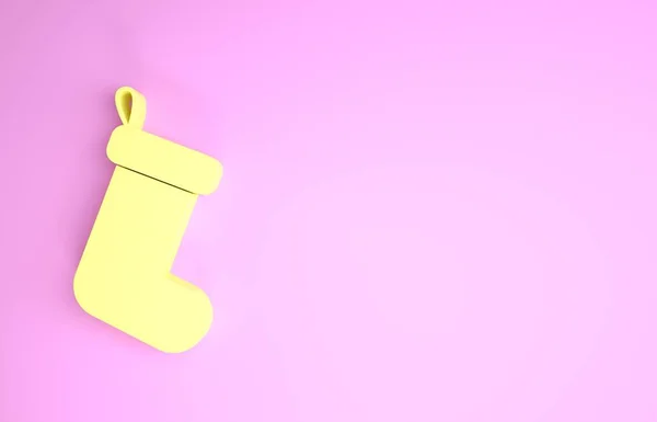 Giallo icona calzino di Natale isolato su sfondo rosa. Concetto minimalista. Illustrazione 3d rendering 3D — Foto Stock
