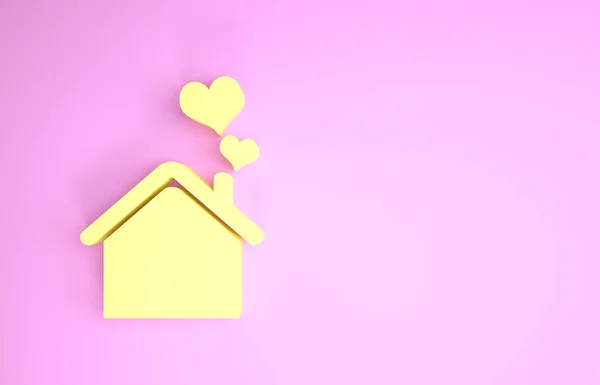 Желтый дом со значком в форме сердца на розовом фоне. Символ любви. Семья, недвижимость и недвижимость. Концепция минимализма. 3D-рендеринг — стоковое фото