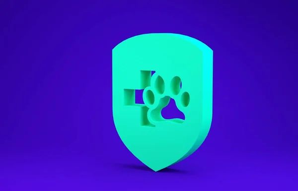 Green Animal health insurance icon isolated on blue background. Pet protection icon. Dog or cat paw print. Minimalism concept. 3d illustration 3D render