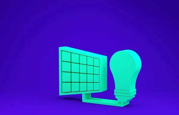 Zöld Napenergia panel és villanykörte ikon elszigetelt kék alapon. Minimalizmus koncepció. 3d illusztráció 3d render — Stock Fotó