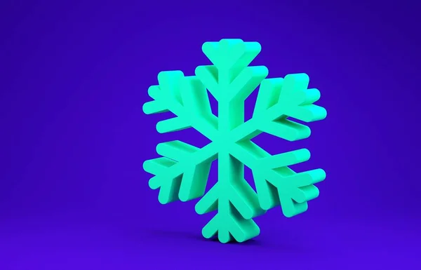 Icono de copo de nieve verde aislado sobre fondo azul. Concepto minimalista. 3D ilustración 3D render — Foto de Stock