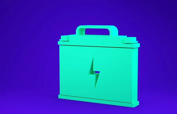 Icono de batería verde coche aislado sobre fondo azul. Acumulador de energía de la batería y la batería acumulador de electricidad. Rayo rayo. Concepto minimalista. 3D ilustración 3D render — Foto de Stock