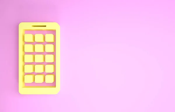 Amarelo Aplicativos Móveis ícone isolado no fundo rosa. Smartphone com ícones de tela, aplicativos. telefone celular mostrando tela. Conceito de minimalismo. 3D ilustração 3D render — Fotografia de Stock