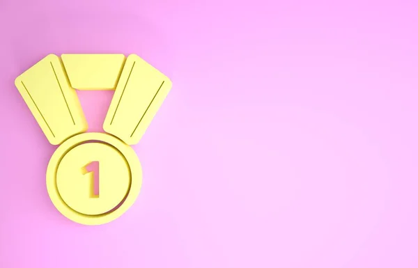 Sárga medál ikon elszigetelt rózsaszín háttérrel. Győztes szimbólum. Minimalizmus koncepció. 3d illusztráció 3D render — Stock Fotó