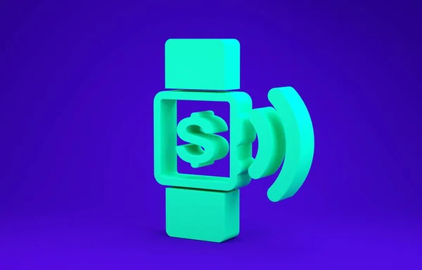 Ícone de pagamento sem contato verde isolado no fundo azul. Smartwatch com tecnologia nfc fazendo transações sem fio sem contato. Conceito de minimalismo. 3D ilustração 3D render — Fotografia de Stock