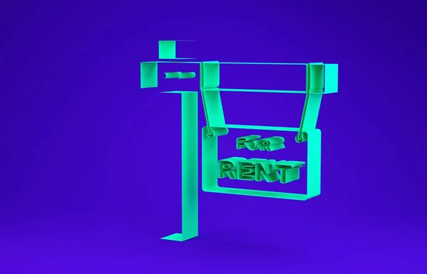 Green Hanging sign with text For Rent icon isolated on blue background. 문자 메시지와 렌트를 위한 서명. 미니멀리즘의 개념입니다. 3d 삽화 3D 렌더링 — 스톡 사진