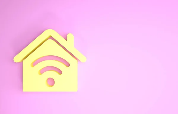 Casa inteligente amarilla con icono wi-fi aislado sobre fondo rosa. Control remoto. Concepto minimalista. 3D ilustración 3D render — Foto de Stock