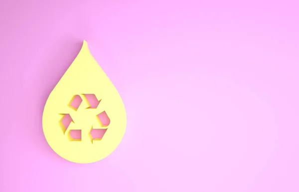 Ícone de aqua limpo reciclar amarelo isolado no fundo rosa. Gota de água com reciclagem de sinais. Conceito de minimalismo. 3D ilustração 3D render — Fotografia de Stock