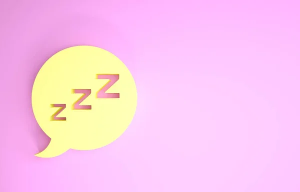 Sárga beszéd buborék horkolás ikon elszigetelt rózsaszín alapon. Elképzelése alvás, álmatlanság, ébresztőóra alkalmazás, mély alvás, ébredés. Minimalizmus koncepció. 3d illusztráció 3d render — Stock Fotó