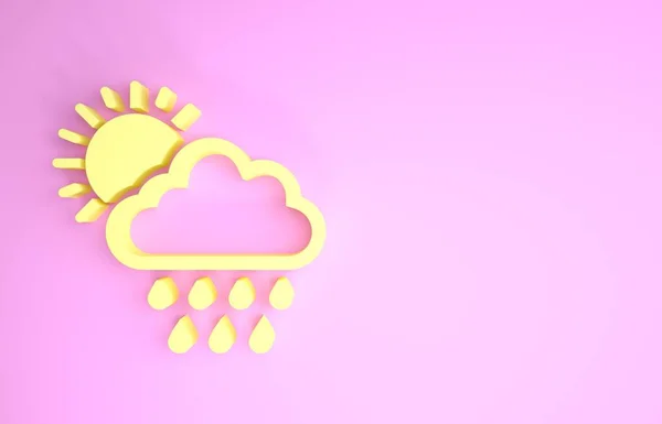 Żółta chmura z ikoną deszczu i słońca na różowym tle. Deszczowe opady deszczu z kroplami deszczu. Koncepcja minimalizmu. Ilustracja 3d — Zdjęcie stockowe