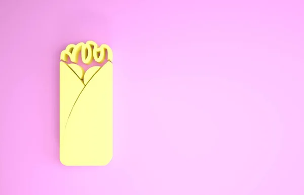 Icono Burrito amarillo aislado sobre fondo rosa. Comida rápida mexicana tradicional. Concepto minimalista. 3D ilustración 3D render — Foto de Stock