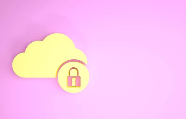 Icône de verrouillage Cloud Computing jaune isolé sur fond rose. Sécurité, sûreté, concept de protection. Concept de minimalisme. Illustration 3D rendu 3D — Photo