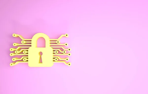 Κίτρινη Cyber εικόνα ασφαλείας απομονώνονται σε ροζ φόντο. Κλειστό λουκέτο σε ψηφιακό κύκλωμα. Έννοια ασφάλειας. Ψηφιακή προστασία δεδομένων. Μινιμαλιστική έννοια. 3D απεικόνιση 3d καθιστούν — Φωτογραφία Αρχείου