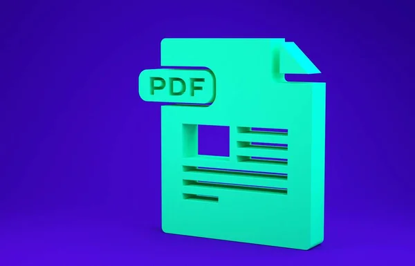 Document de fichier PDF vert. Télécharger icône bouton pdf isolé sur fond bleu. Le symbole du fichier PDF. Concept de minimalisme. Illustration 3D rendu 3D — Photo