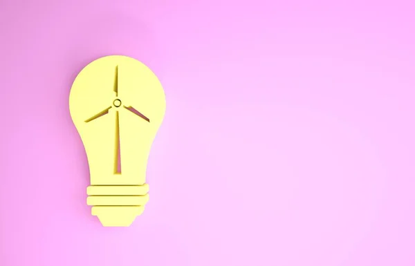 Lâmpada de luz amarela com turbina eólica como ideia de eco amigável fonte de ícone de energia isolado no fundo rosa. Conceito de energia alternativa. Conceito de minimalismo. 3D ilustração 3D render — Fotografia de Stock