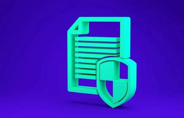 Grünes Dokument-Schutzkonzept-Symbol isoliert auf blauem Hintergrund. vertrauliche Informationen und Privatsphäre Idee, sicher, bewachen, abschirmen. Minimalismus-Konzept. 3D Illustration 3D Renderer — Stockfoto