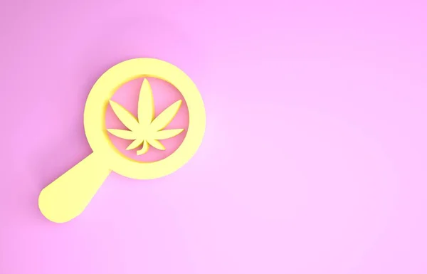Żółte szkło powiększające i lecznicza marihuana lub ikona liści konopi odizolowana na różowym tle. Symbol konopi. Koncepcja minimalizmu. Ilustracja 3d — Zdjęcie stockowe
