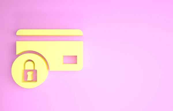 Κίτρινη πιστωτική κάρτα με εικονίδιο κλειδώματος που απομονώνεται σε ροζ φόντο. Κλειδωμένη τραπεζική κάρτα. Ασφάλεια, ασφάλεια, έννοια προστασίας. Έννοια της ασφαλούς πληρωμής. Μινιμαλιστική έννοια. 3D απεικόνιση 3d καθιστούν — Φωτογραφία Αρχείου