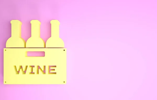 Bouteilles jaunes de vin dans une boîte en bois icône isolée sur fond rose. Bouteilles de vin dans une icône de caisse en bois. Concept de minimalisme. Illustration 3D rendu 3D — Photo