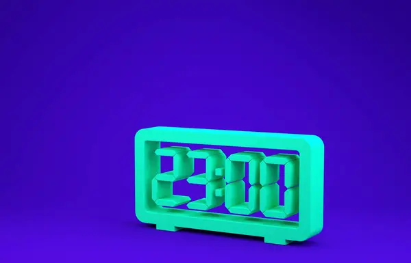 Зеленый цифровой значок будильника выделен на синем фоне. Электронный часы будильник. Значок времени. Концепция минимализма. 3D-рендеринг — стоковое фото
