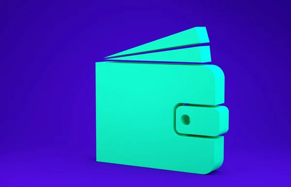 Ikona zielonego portfela odizolowana na niebieskim tle. Koncepcja minimalizmu. Ilustracja 3d — Zdjęcie stockowe