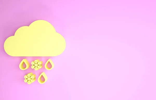 Nube amarilla con icono de nieve y lluvia aislado sobre fondo rosa. Icono del clima. Concepto minimalista. 3D ilustración 3D render — Foto de Stock