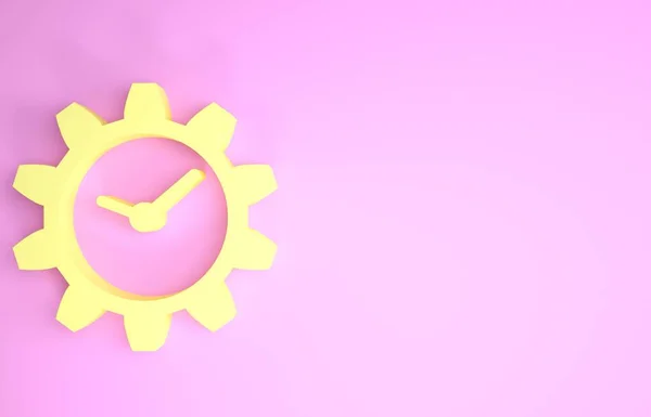 Żółta ikona zarządzania czasem izolowana na różowym tle. Znak zegara i przekładni. Koncepcja minimalizmu. Ilustracja 3d — Zdjęcie stockowe
